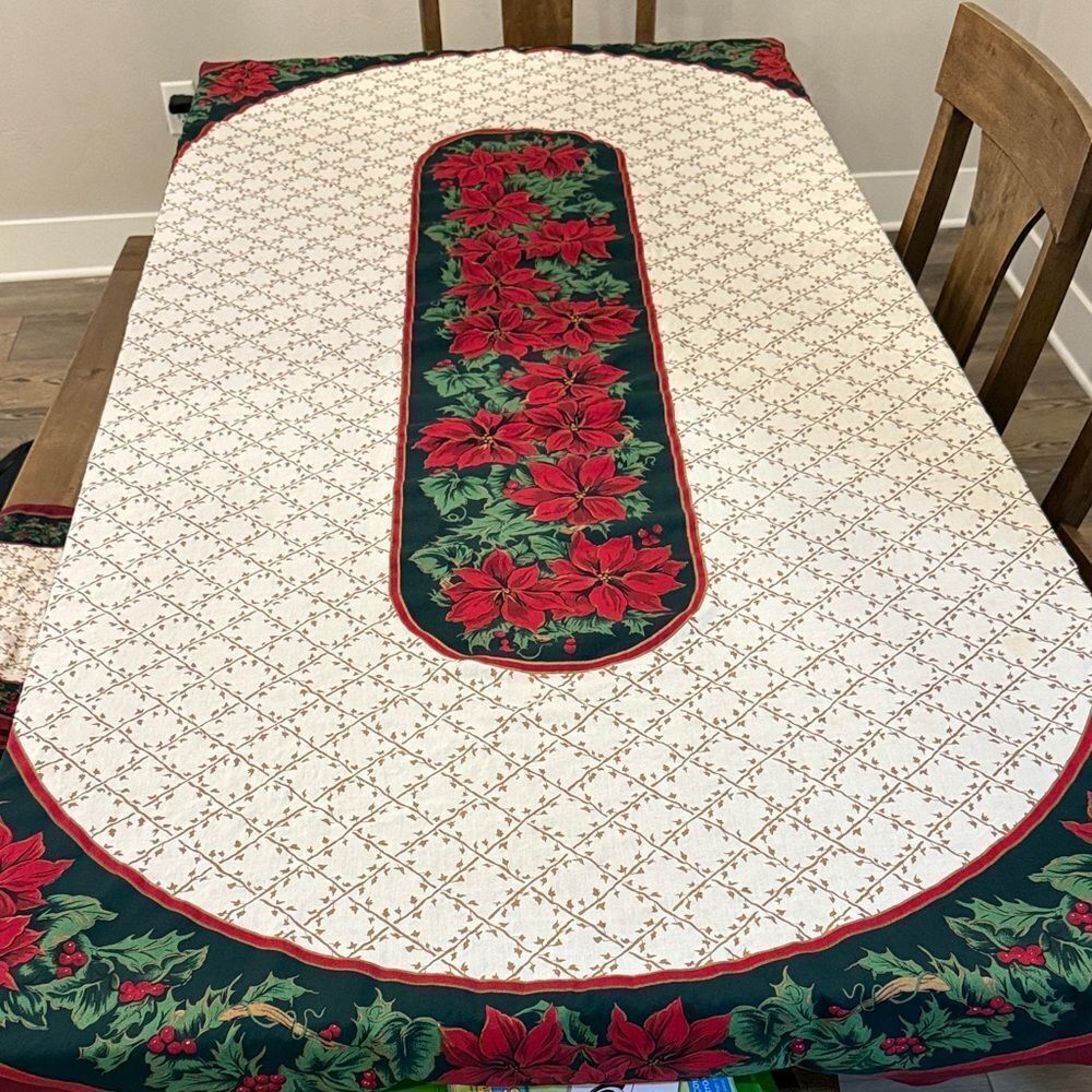 Elegant vintage Holiday Tablecloth with Poinsettia Design